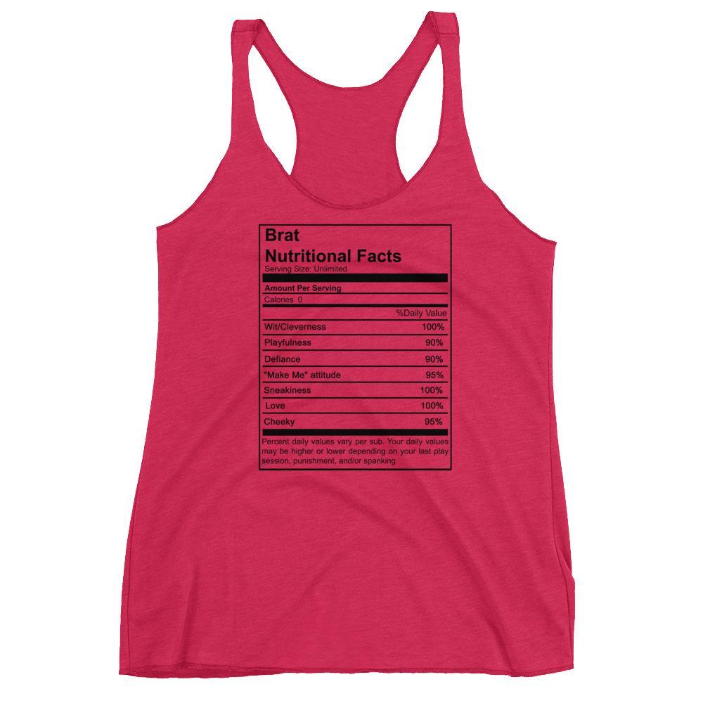 Brat Nutritional Facts (Women's Racerback Tank) (Black Lettering)