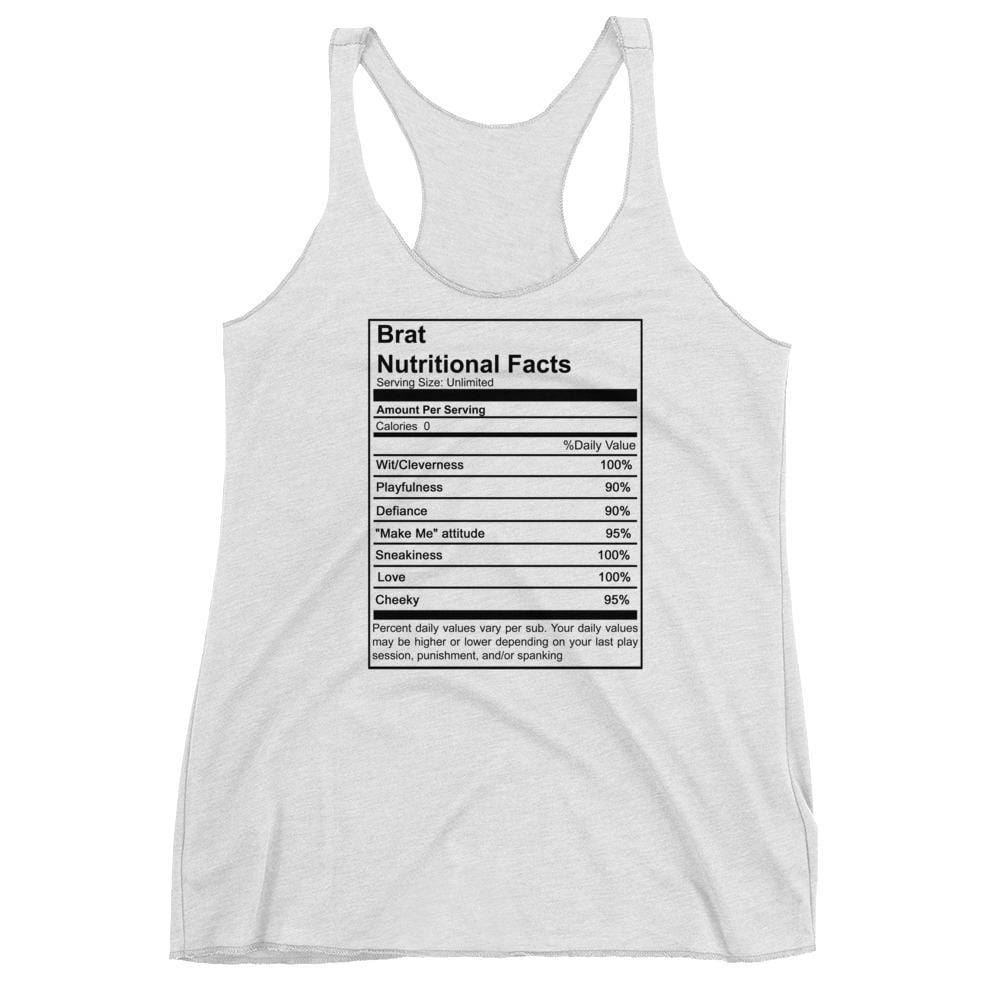 Brat Nutritional Facts (Women's Racerback Tank) (Black Lettering)
