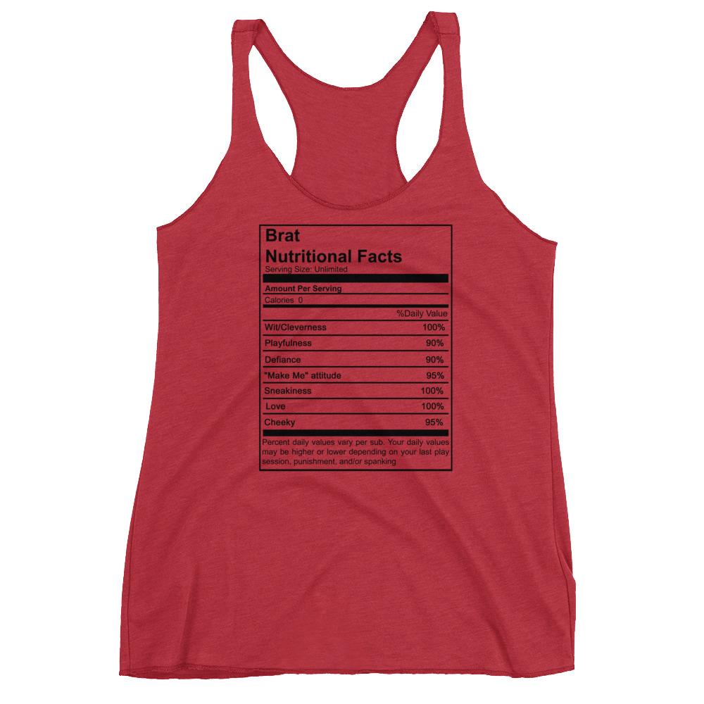 Brat Nutritional Facts (Women's Racerback Tank) (Black Lettering)